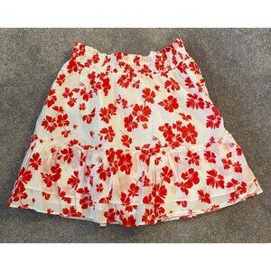 J.Crew Reimagined Flare Skirt Short Red White Floral Smocked Waist Cotton Large